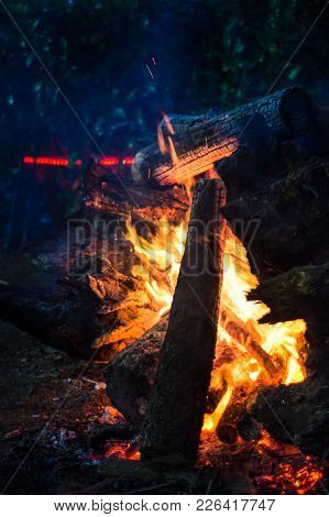 Bonfire Made Out Of A Tree Root At A Small Village Party, Portugal