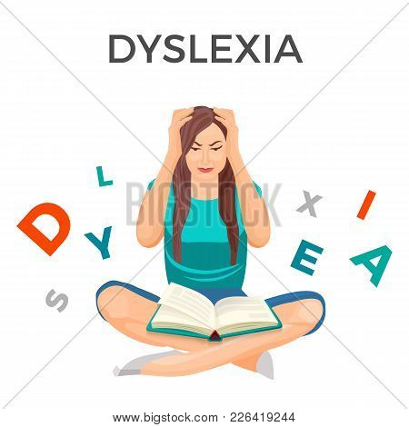 Dyslexia Mental Disorder Conceptual Vector Illustration With Woman Having Trouble With Reading Despi