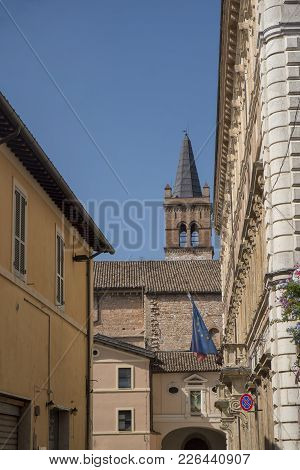 Historic Buildings Of Foligno, Perugia, Umbria, Italy. Old Typical Street And Belfry