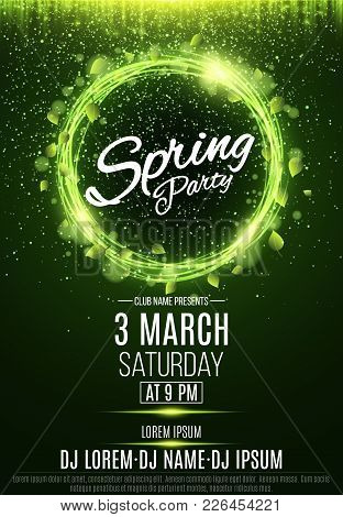 Poster For A Spring Party. Abstract Banner Of Swirling Neon Lines. Green Fresh Leaves. Invitation Ca
