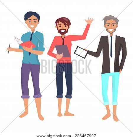Three Cheerful Employees Color Vector Illustration Of Bright Smiling Men In Multicolored Shirts And 