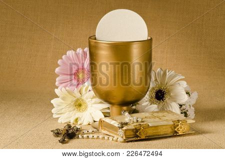 First Holy Communion Composition On Beige Sackcloth Background.