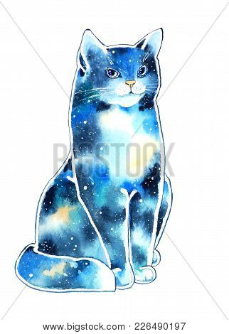 Watercolor Hand Painted Decorative Cat With Space Coloring. Illustration Of A Cat Isolated On White 