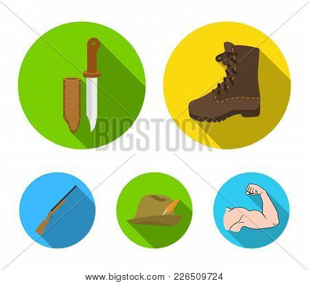 Boots, Knife With A Cover, Gun, Hat With A Feather.hunting Set Collection Icons In Flat Style Vector