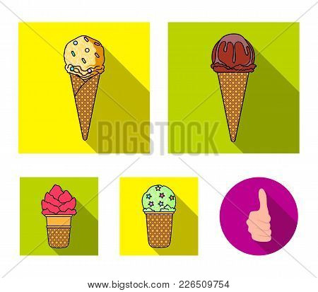 Ice Cream On A Stick, In A Waffle Cone And Other Species. Ice Cream Set Collection Icons In Flat Sty