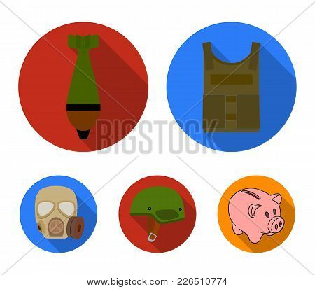 Bullet-proof Vest, Mine, Helmet, Gas Mask. Military And Army Set Collection Icons In Flat Style Vect