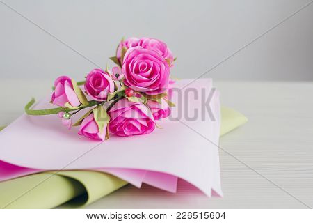 Florist Does A Wreath With Artificial Flowers From Foamiran