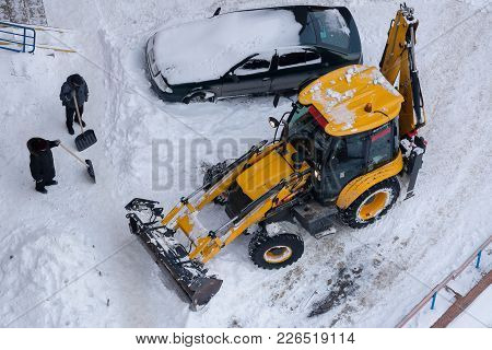 Yoshkar-ola, Russia - Feb 9, 2018 Cleaning The Effects Of Snow With Special Equipment