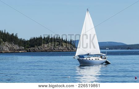 A Blue And White Sailboat Is Traveling In Frenchmans Bay Maine And Is Surrounded By Lobster Trap Buo