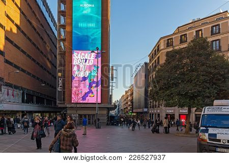Madrid, Spain - January 22, 2018: Sunset View Of Walking People At Callao Square (plaza Del Callao) 
