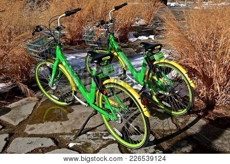 Aurora, Colorado, February, 9, 2018:  Two Green And Yellow Parked Bikes Are Products Of Limebike, A 