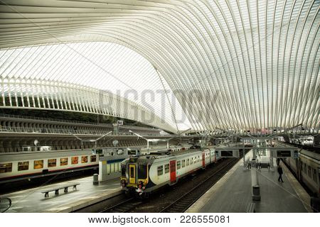 LIEGE-BRUSSELS-Nov. 4, 2017: Detail of the Guillemins train station in Liege by the architect Santiago Calatrava opened on 18 September 2009 and It is one of the most important hubs in the country 