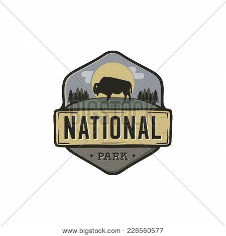 National Park Vintage Badge. Mountain Explorer Label. Outdoor Adventure Logo Design With Bison. Trav