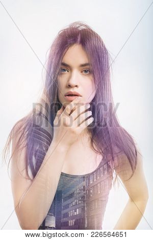 Unbrushed Hair. Cute Woman Standing With Messy Hair On Her Head And Thoughtfully Touching Her Lips