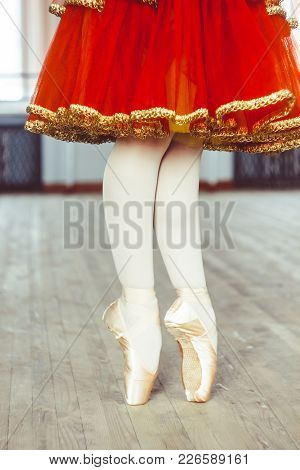 Young Ballerina Dancing, Closeup On Legs And Shoes, Standing In Pointe Position.