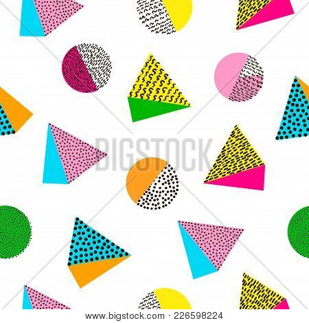 Colorful Geometric Seamless Pattern. Bright Background. 80's - 90's Years Design Style.