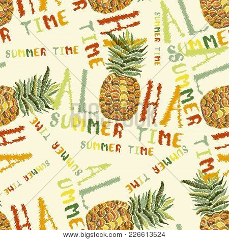 Embroidery Pineapple Seamless Pattern, Fashion T-shirt Design, Cool Pineapple, Template For Clothes,