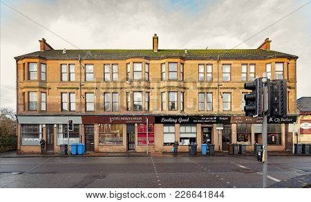 Clydebank, Scotland - January 20, 2018: A Red Sandstone Tenement At The Bottom End Of Kilbowie Road 