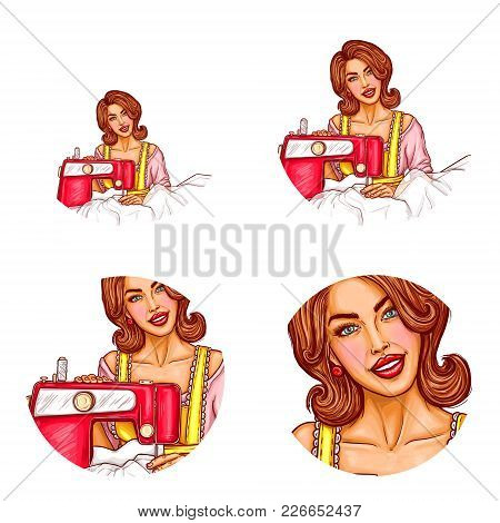 Vector Pop Art Avatar Of Smiling Woman Dressmaker, Needlewoman For Chat, Blog. Icon Of Adult Girl, T