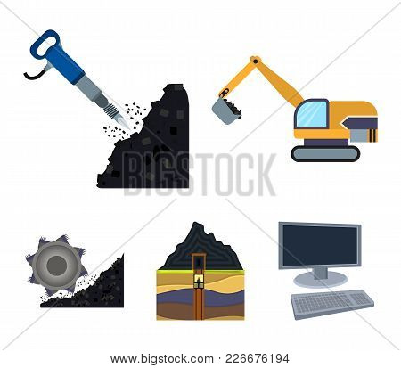 Excavator, Tunnel, Elevator, Coal Harvester And Other Equipment.mine Set Collection Icons In Cartoon