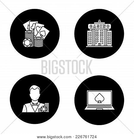 Casino Glyph Icons Set. Croupier, Stacks Of Gambling Chips, Casino Building, Online Poker. Vector Wh