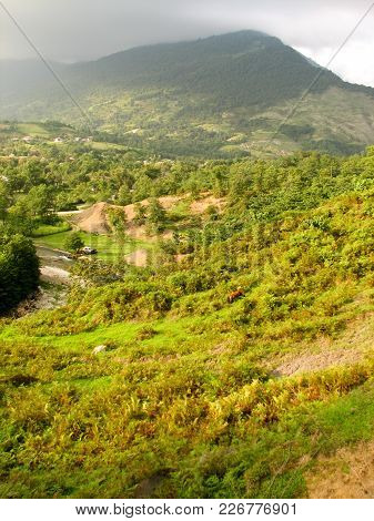 Valley Of A Mountain. Mountain Pass. Cloudy Caucasus Mountains Georgia Adjara