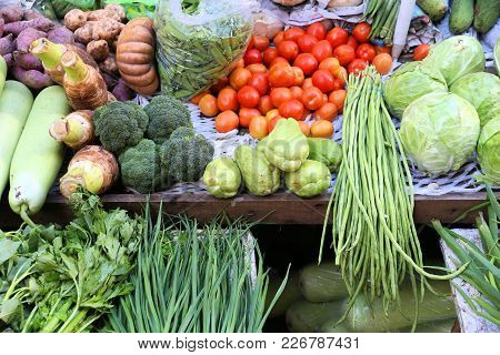Fresh Vegetables Market In Chinatown, Manila, Philippines With Taro Roots, Broccoli, Ampalaya (bitte