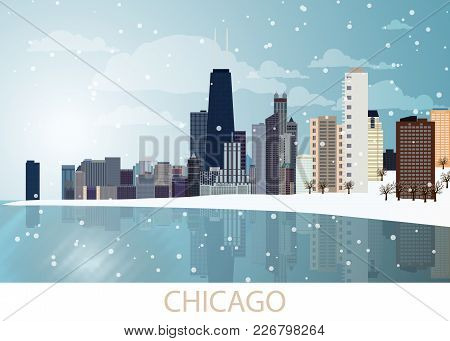 Snowing Winter Panorama Of Chicago City With Skyscrapers, Frozen Lake Michigan, Willis Tower, Trees,