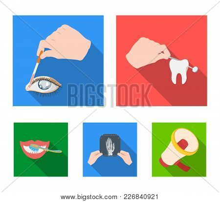Examination Of The Tooth, Instillation Of The Eye And Other  Icon In Flat Style. A Snapshot Of The H