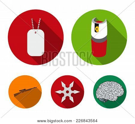 A Gas Cylinder, A Soldier's Token, A Sniper Rifle, A Shuriken. Weapons Set Collection Icons In Flat 