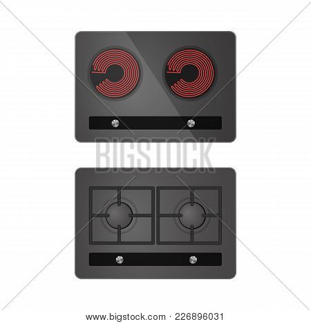 Gas Cooking And Electric Oven. Equipment Set Vector Illustration.