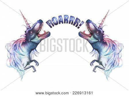 Two Watercolor Dinocorns. Pastel Colored Roaring Tyrannosauruses With Unicorn Horn And Mane. Side Vi
