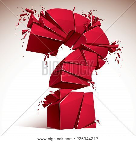 Broken Question Mark Exploding, Query Breaking To Pieces, Vector 3d Realistic Illustration. Special 