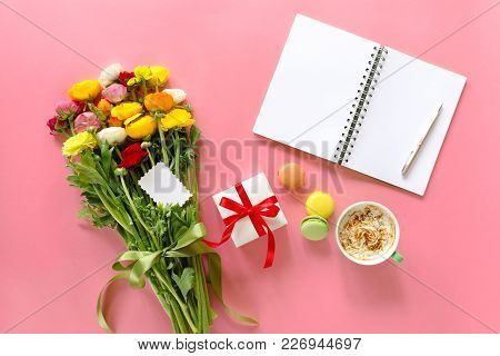 Festive Morning Concept Buttercup Flowers Bouquet, Gift Box, Cup Of Cappuccino, Makarons Cake, Clean