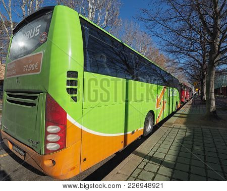 Turin, Italy - Circa February 2018: Flixbus Coach At Turin International Bus Station