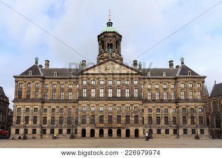 Amsterdam, Netherlands - June 25, 2017:  View To The Royal Palace Of Amsterdam On The Dam Square. Th
