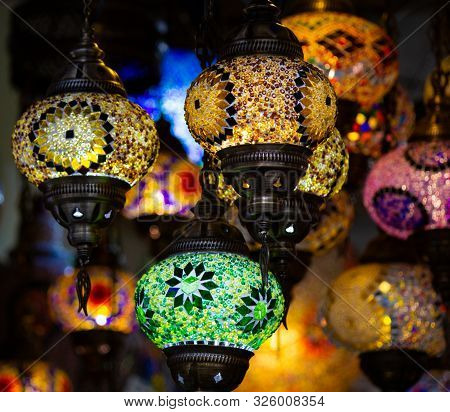 A Bunch Of Turkish Lamps At One Of Many Kemer Gift Shops. Antalya, Turkey.