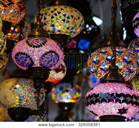 A Bunch Of Turkish Lamps At One Of Many Kemer Gift Shops. Antalya, Turkey.