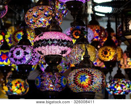 A Bunch Of Turkish Lamps At One Of Many Kemer Gift Shops. Antalya, Turkey.