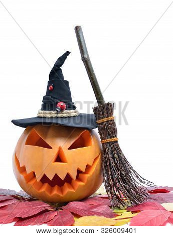 Pumpkin For Halloween Isolated On White Background. Jack Lantern Head Carved From Pumpkin For Hallow