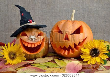 Pumpkin For Halloween Carved In The Shape Of A Smile. Jack Lantern Head Carved From Pumpkin For Hall