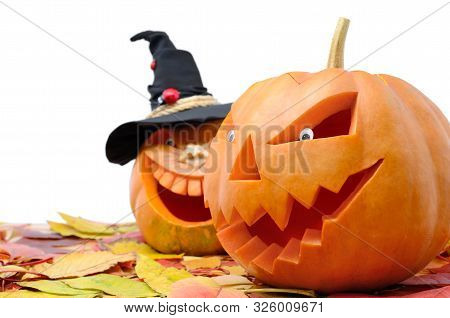 Pumpkin For Halloween Isolated On White Background. Jack Lantern Head Carved From Pumpkin For Hallow