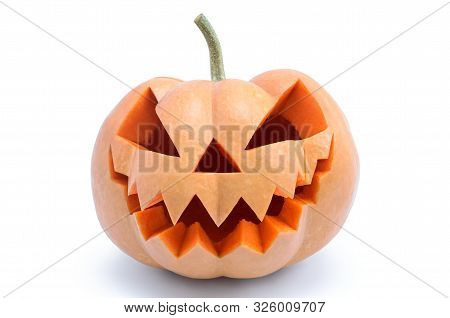 Pumpkin For Halloween Isolated On White Background. Jack Lantern Head Carved From Pumpkin For Hallow