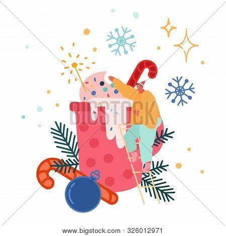 Winter Warming Marshmello Hot Chocolate Or Cocoa. Man Character Celebrating Merry Christmas And Havi