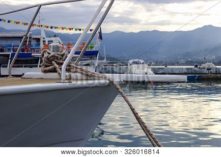 Part Of The Yacht Close Up In The Port.