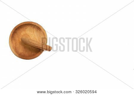 Flat Lay Wood Wooden Pepper Mill And Bowl Isolated On White Background With Space For Text, Top View