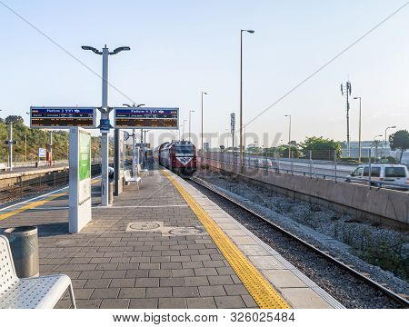 Tel Aviv-yafo, Israel, September 17, 2019 : A Train Arrives At Tel Aviv University Station On The Is