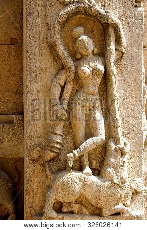 Statue Of Gracefully Posed Lady On Stone Pillar At Rayara Gopura (royal Tower) In Melukote, Mandya D