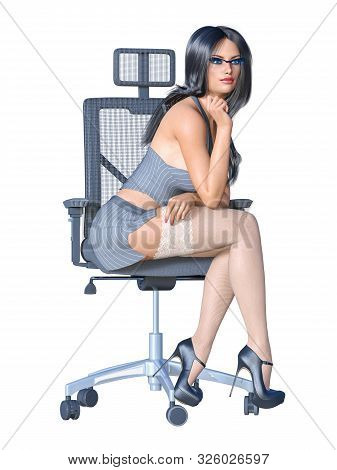 Long-haired Brunette Secretary In White Stocking.