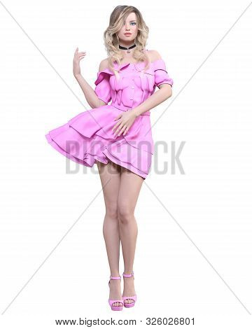 Beautiful Blonde Woman In Light Pink Summer Waving Dress.